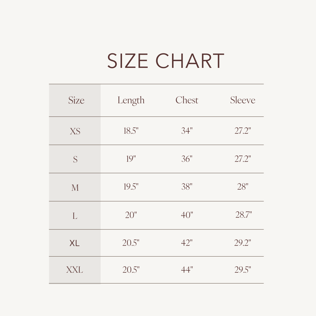 Size chart for Chloe Cardigan