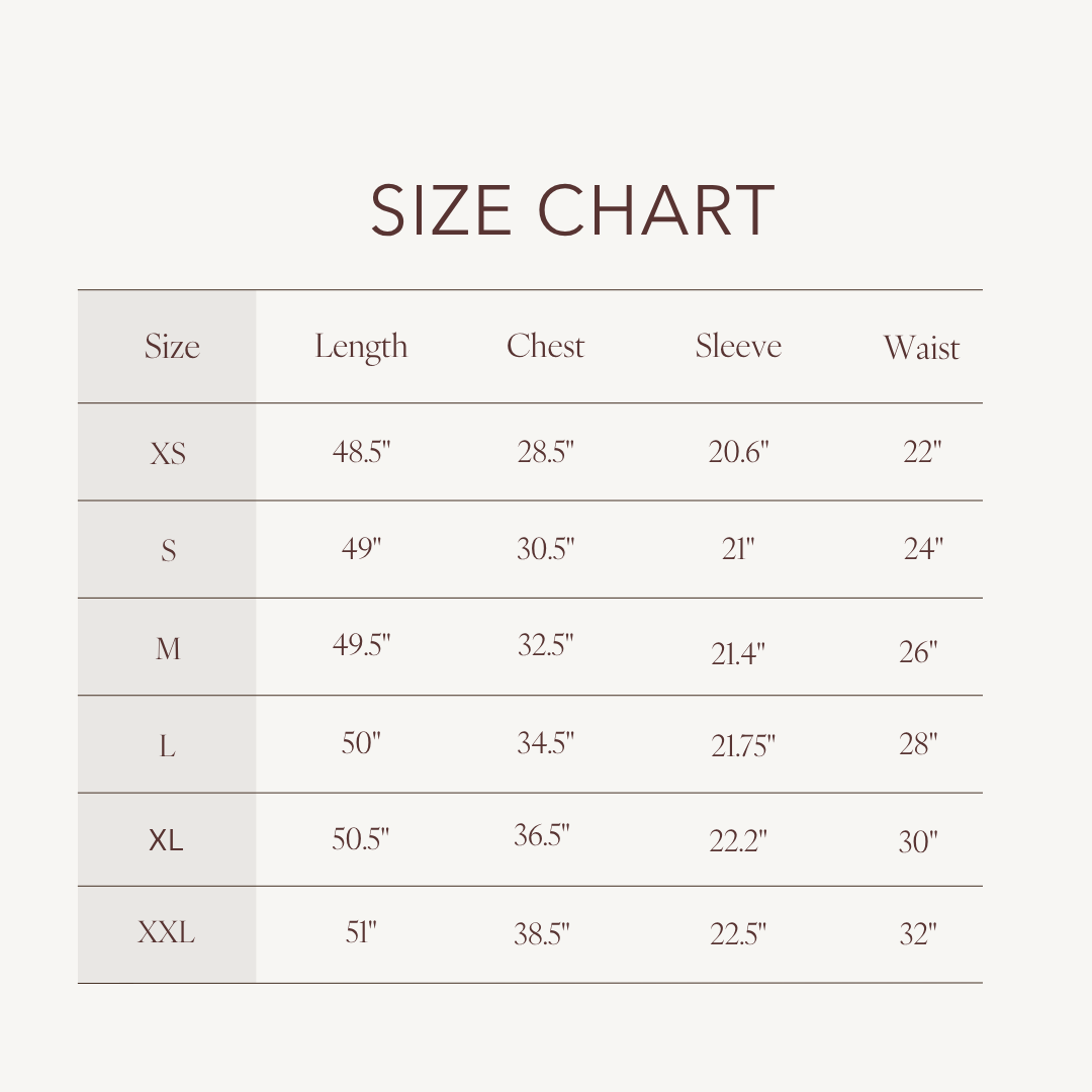 Size chart for Jade Dress
