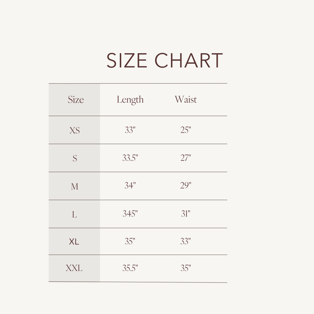 Size chart for Jade Skirt