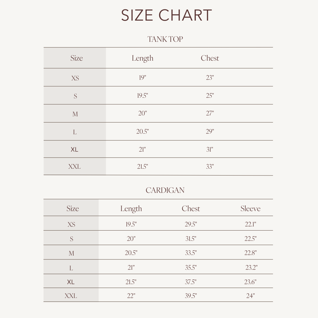Size chart for Katie Twinset