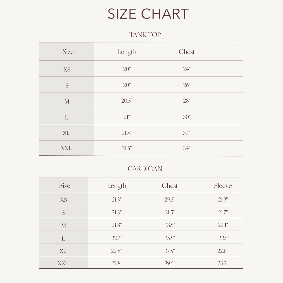 Size chart for Lexi Twinset