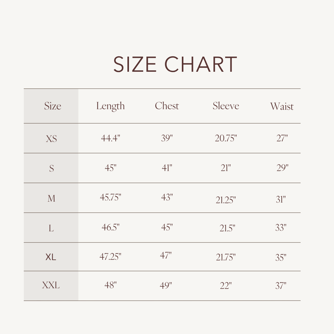 Size chart for Reese Dress
