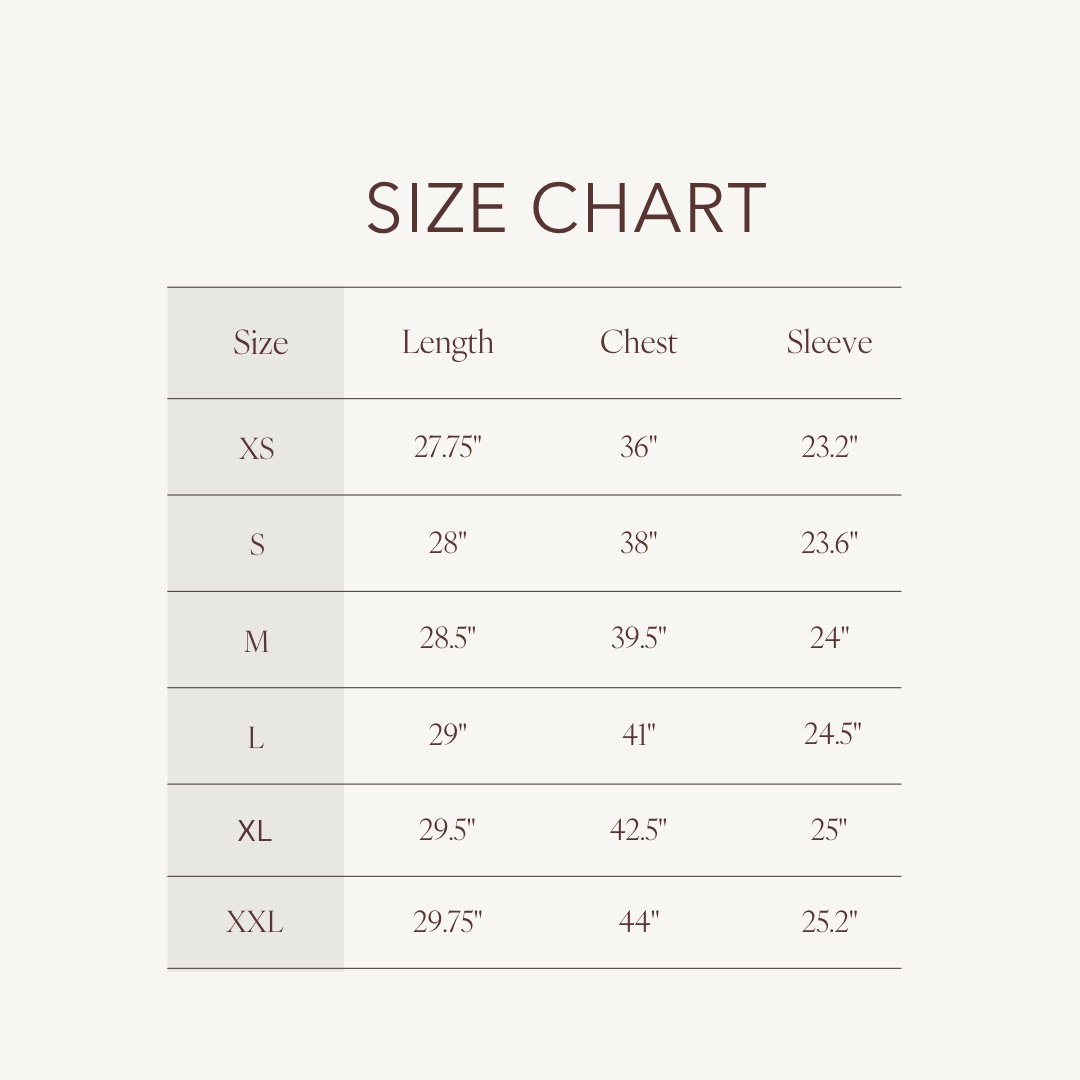Size chart for Sadie Blouse
