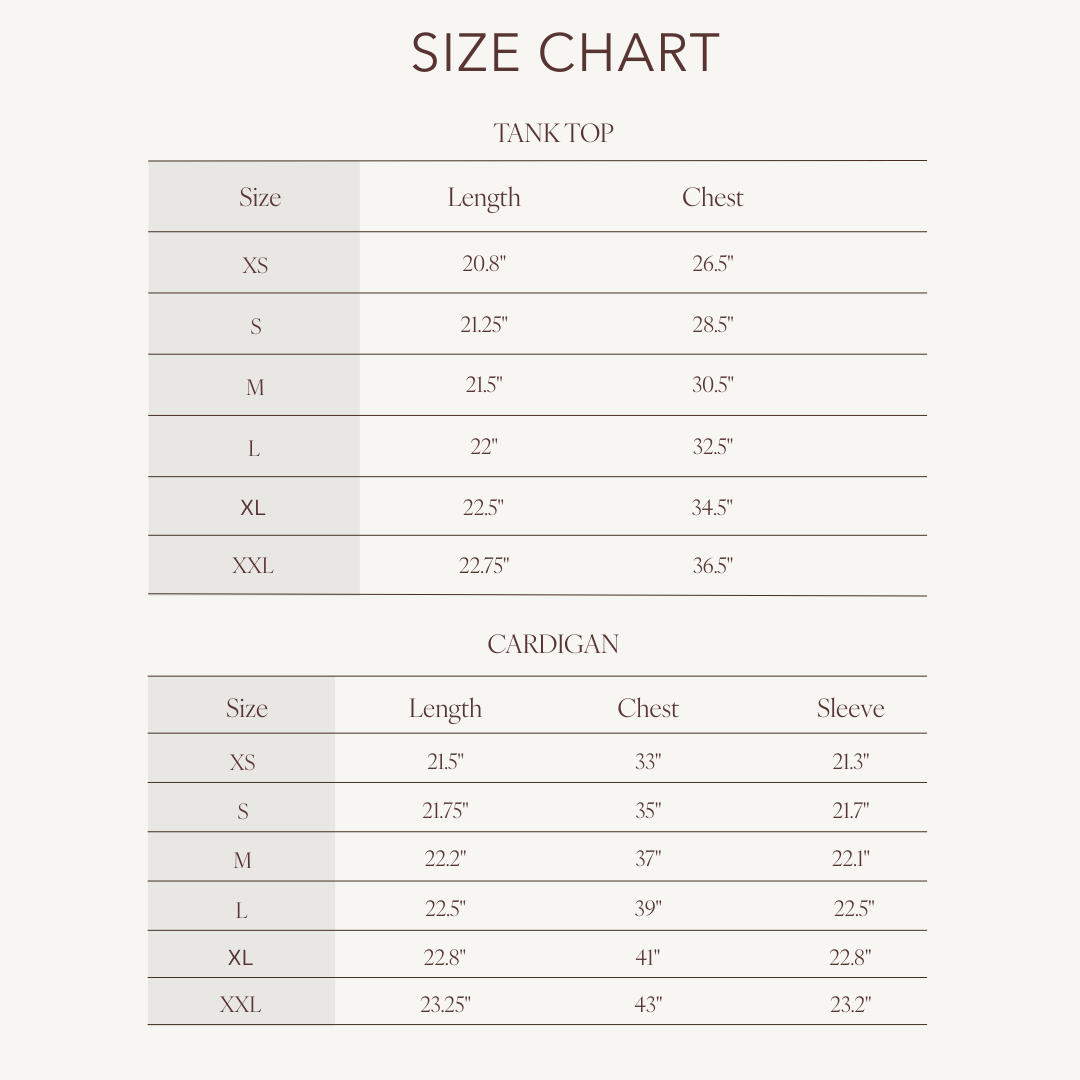 Size chart for Tank Twinset