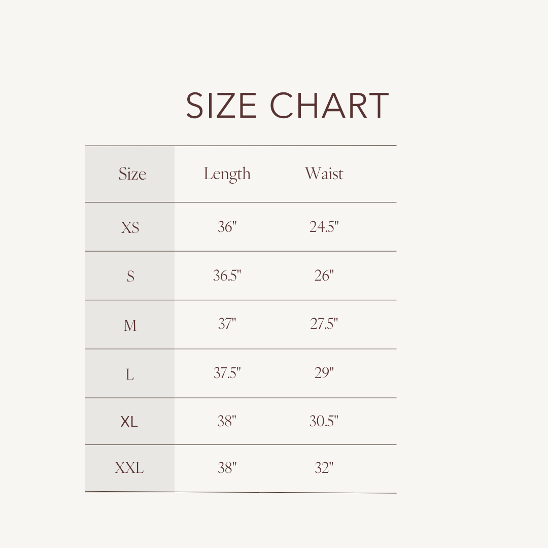 Size chart for Willa Skirt